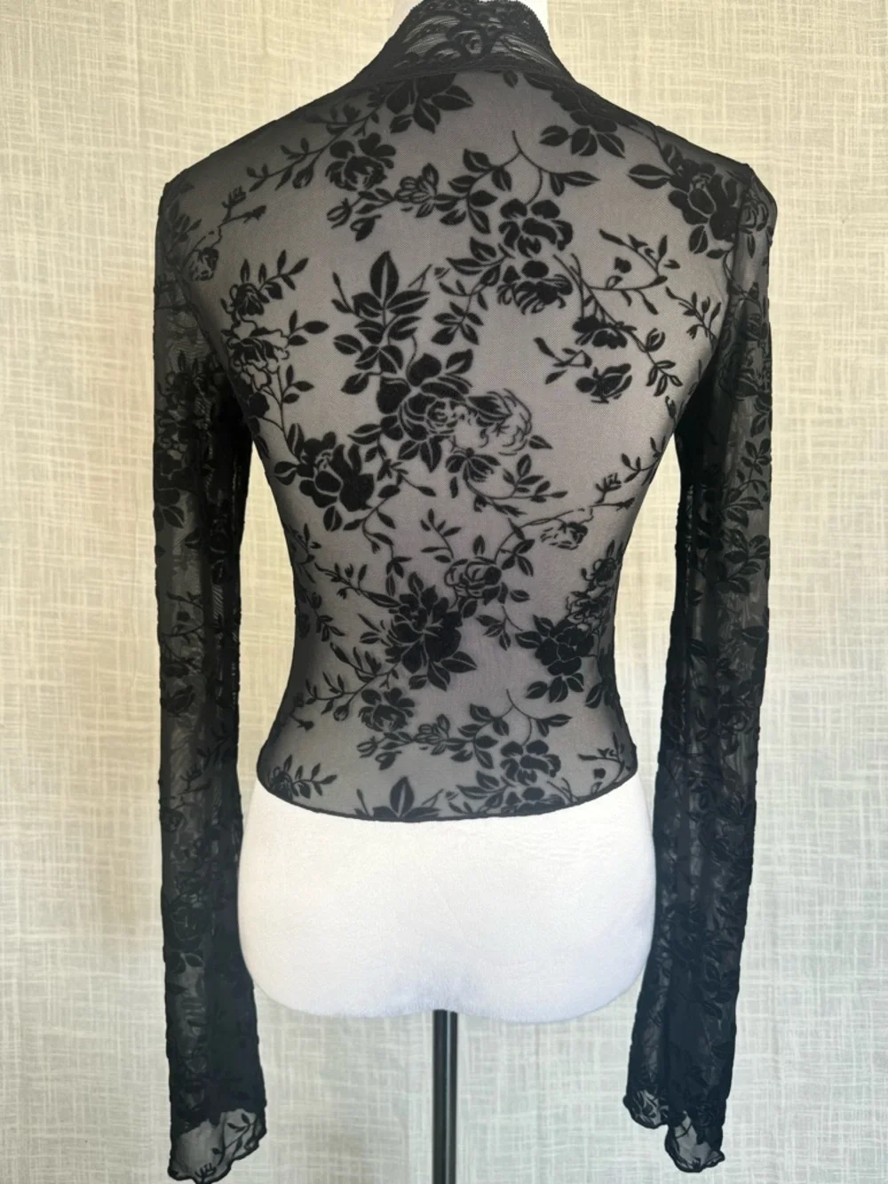 Sheer Black Lace Mesh Top Y2K Goth Romantic Button Front Stretch Blouse - Picture 4 of 5